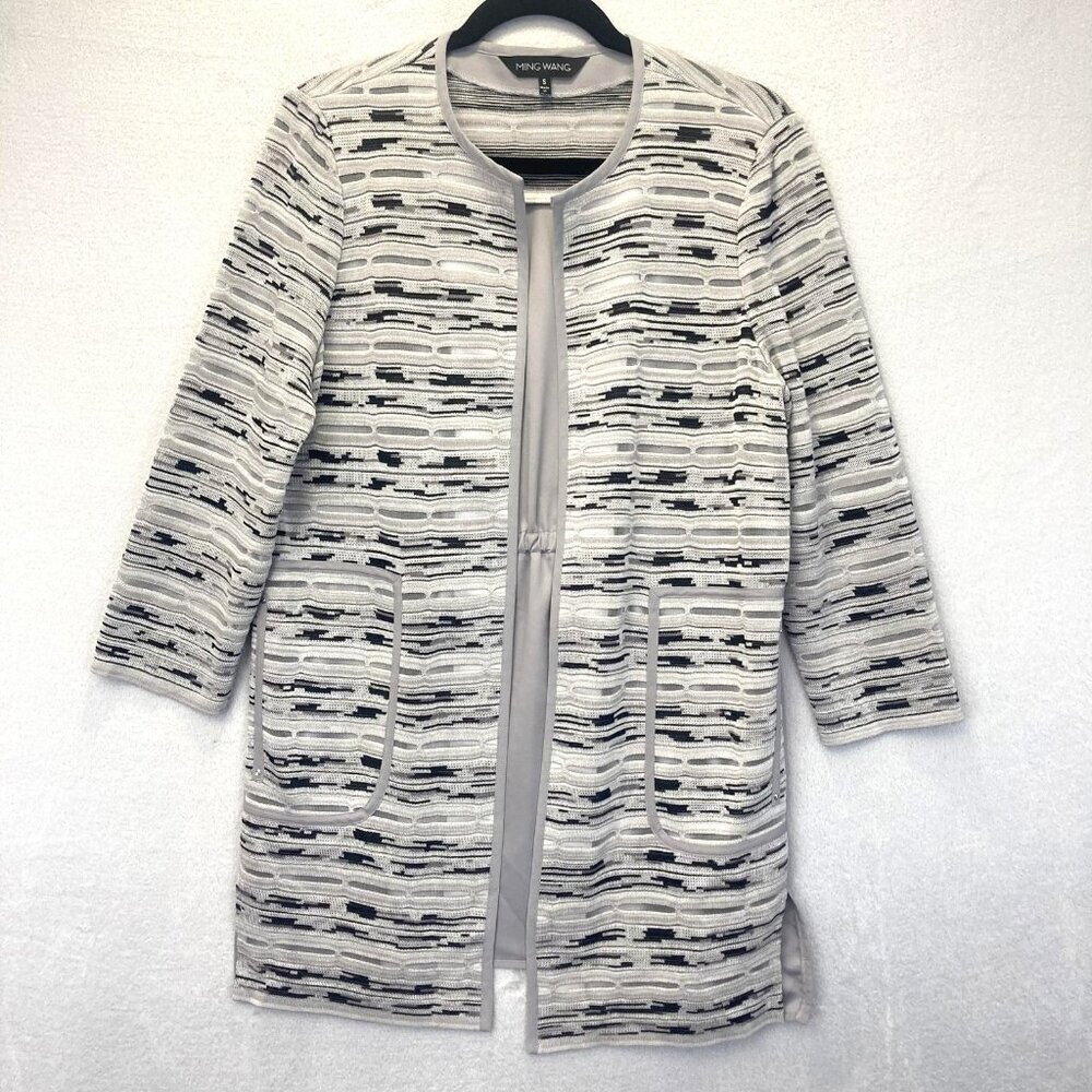 Ming Wang Knit Open Front Jacket Womens Small Gray Black Chiffon Back 3/4 Sleeve